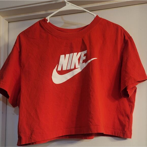 Nike Tops - Nike Red Cropped Tee White Swoosh Logo Size L